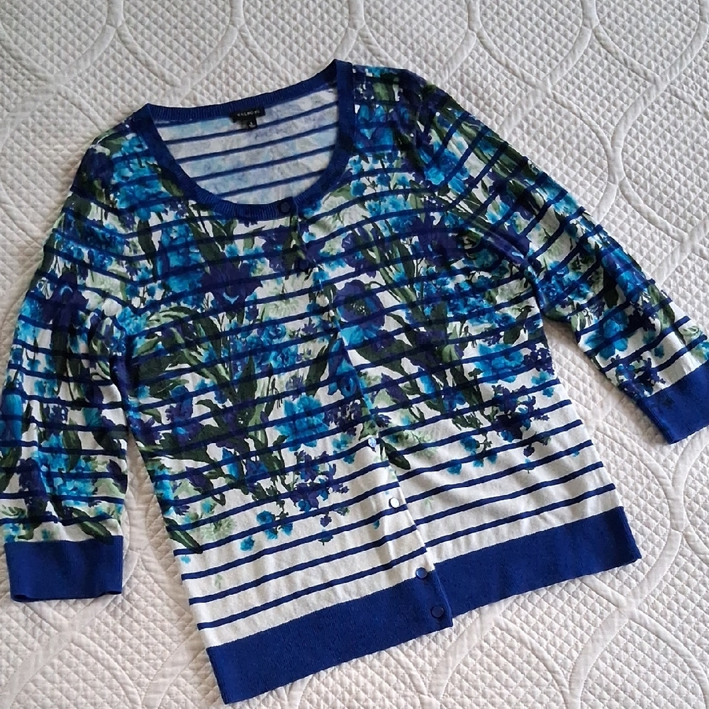 TALBOTS Blue Floral Button-Up Cardigan Sweater